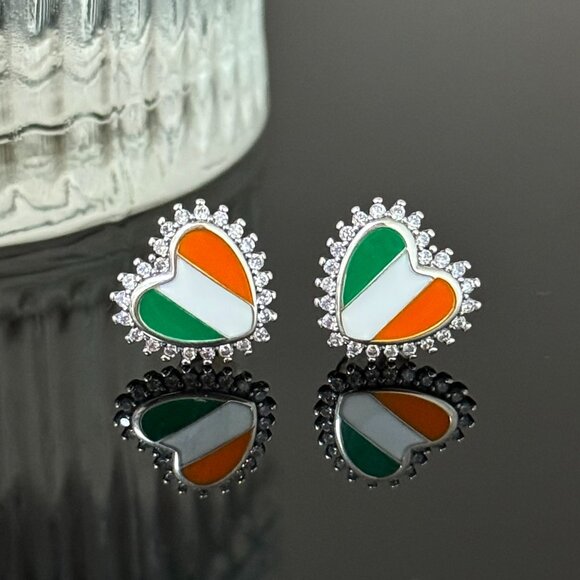 Jewelry - Ireland Flag Earrings Heart bling S925 Sterling Silver Handmade Ear Stud